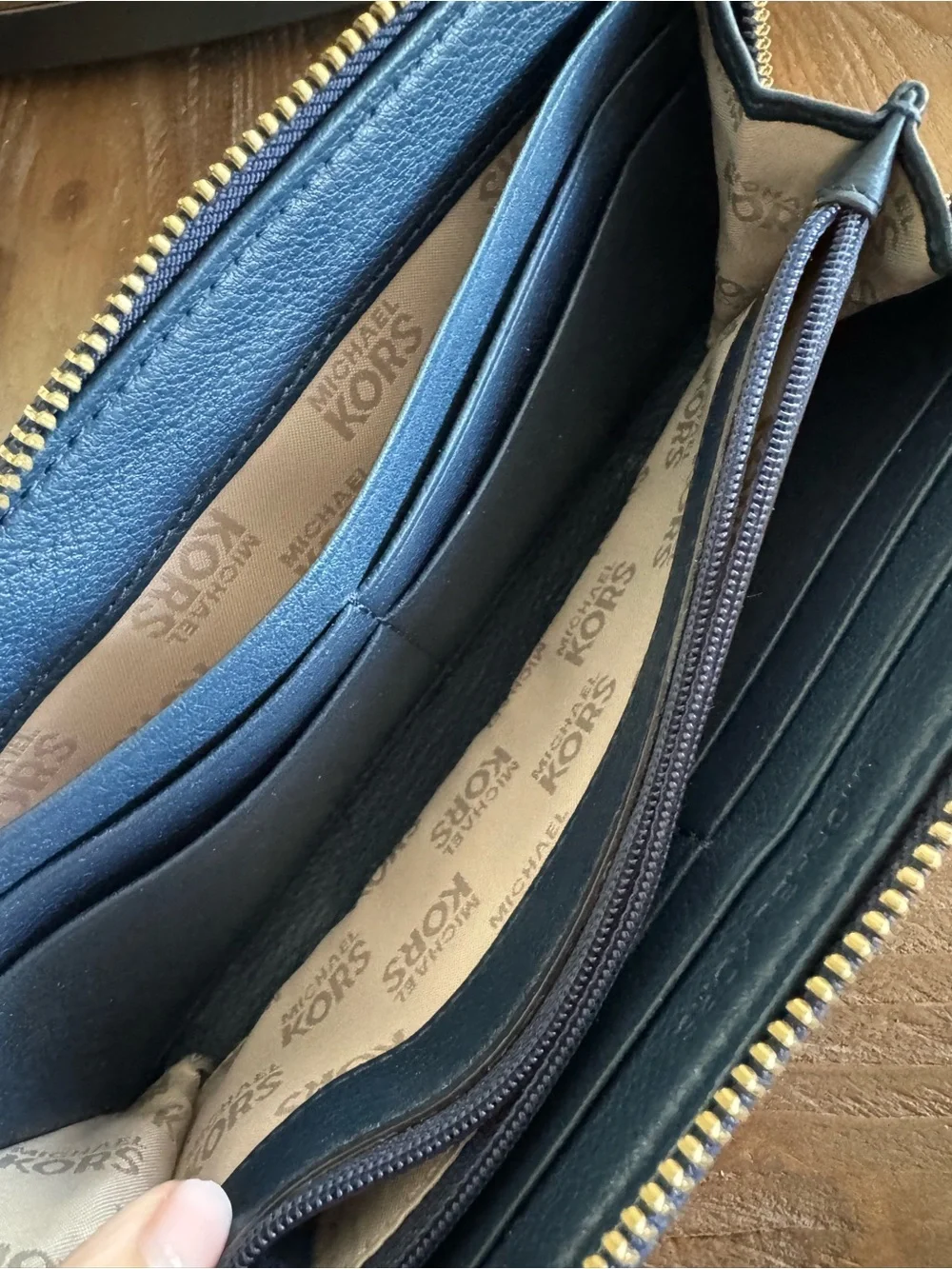 Michael Kors Deep Blue Pebbled Leather Zip Around Wallet with Gold Plate